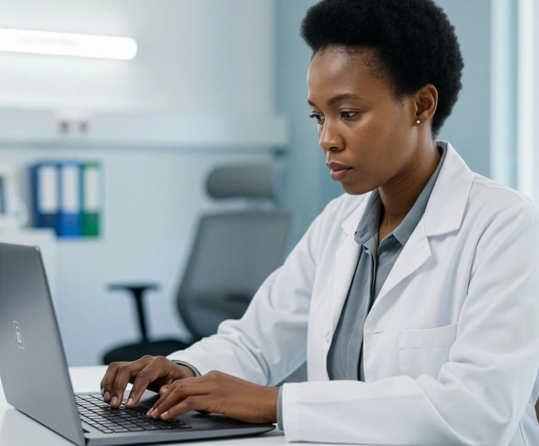 Physician reviewing records in a secure workspace